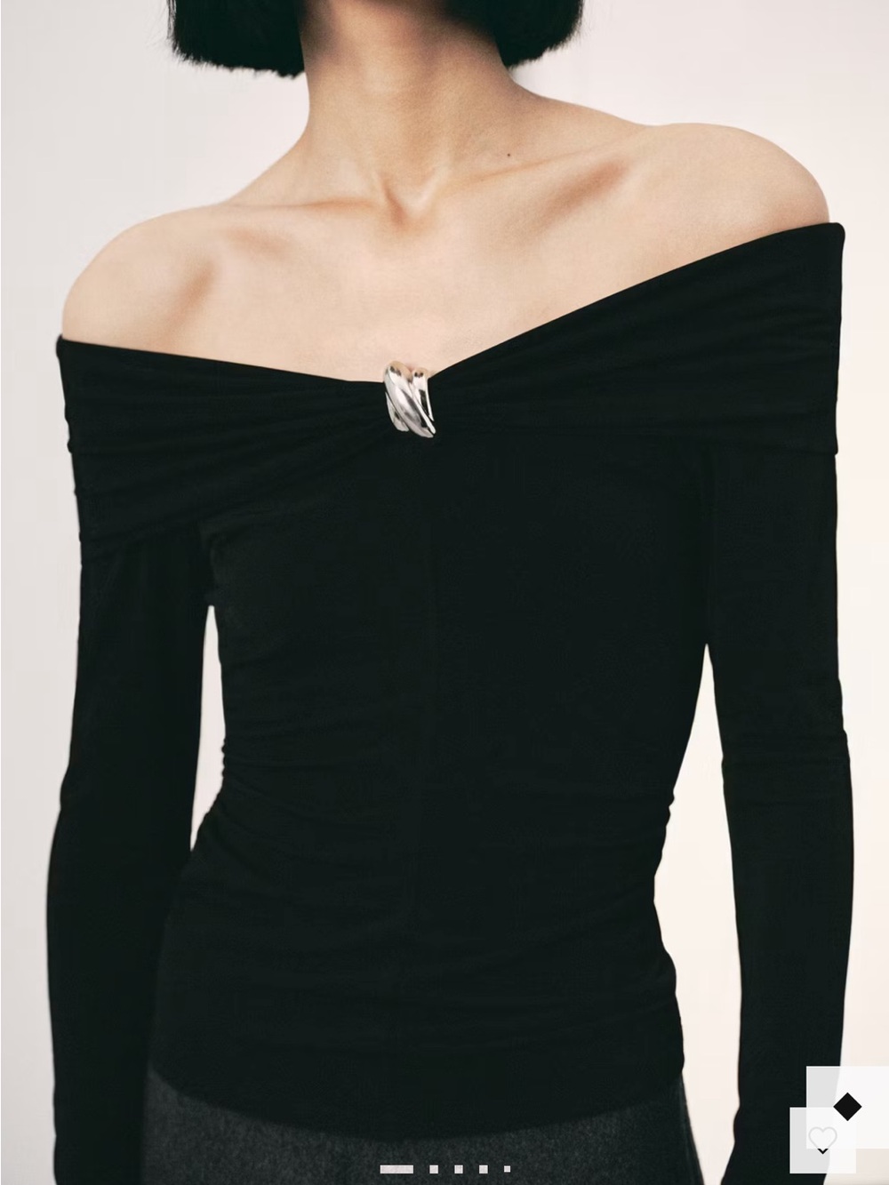 Mango Black Off-Shoulder Long Sleeve Top with Silver Ring Accent